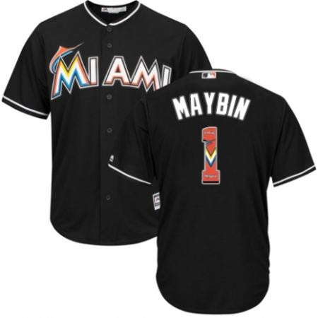 Men's Majestic Miami Marlins #1 Cameron Maybin Authentic Black Team Logo Fashion Cool Base MLB Jersey