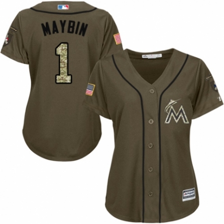 Women's Majestic Miami Marlins #1 Cameron Maybin Authentic Green Salute to Service MLB Jersey