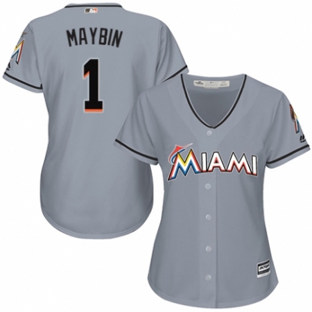 Women's Majestic Miami Marlins #1 Cameron Maybin Authentic Grey Road Cool Base MLB Jersey