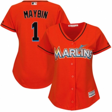 Women's Majestic Miami Marlins #1 Cameron Maybin Authentic Orange Alternate 1 Cool Base MLB Jersey