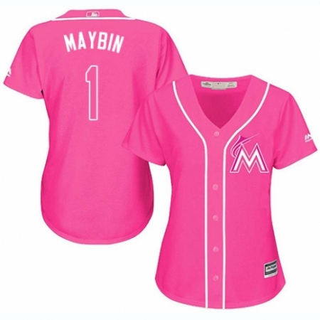 Women's Majestic Miami Marlins #1 Cameron Maybin Authentic Pink Fashion Cool Base MLB Jersey