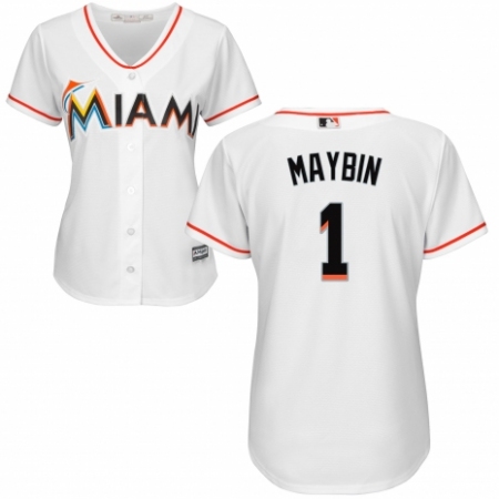 Women's Majestic Miami Marlins #1 Cameron Maybin Replica White Home Cool Base MLB Jersey