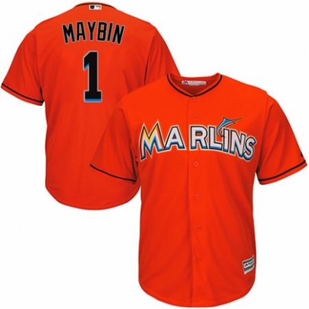 Youth Majestic Miami Marlins #1 Cameron Maybin Authentic Orange Alternate 1 Cool Base MLB Jersey