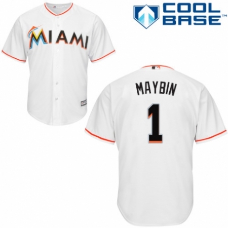 Youth Majestic Miami Marlins #1 Cameron Maybin Replica White Home Cool Base MLB Jersey
