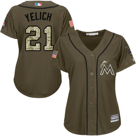Women's Majestic Miami Marlins #21 Christian Yelich Replica Green Salute to Service MLB Jersey
