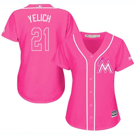 Women's Majestic Miami Marlins #21 Christian Yelich Replica Pink Fashion Cool Base MLB Jersey