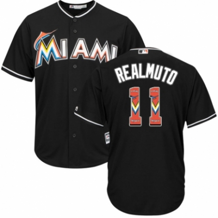 Men's Majestic Miami Marlins #11 J. T. Realmuto Authentic Black Team Logo Fashion Cool Base MLB Jersey