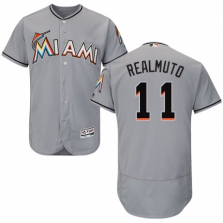 Men's Majestic Miami Marlins #11 J. T. Realmuto Grey Road Flex Base Authentic Collection MLB Jersey