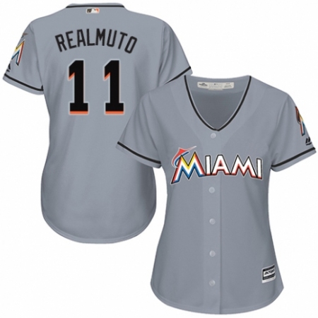 Women's Majestic Miami Marlins #11 J. T. Realmuto Authentic Grey Road Cool Base MLB Jersey