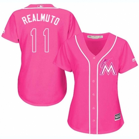 Women's Majestic Miami Marlins #11 J. T. Realmuto Replica Pink Fashion Cool Base MLB Jersey