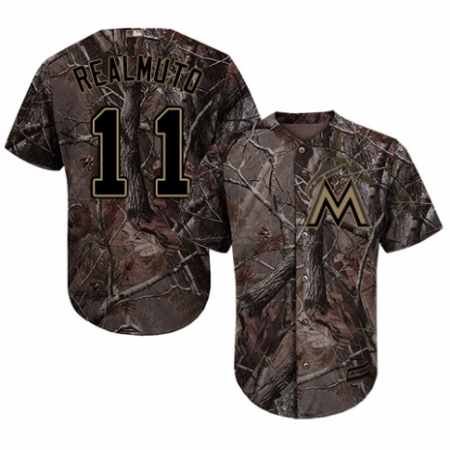 Youth Majestic Miami Marlins #11 J. T. Realmuto Authentic Camo Realtree Collection Flex Base MLB Jersey