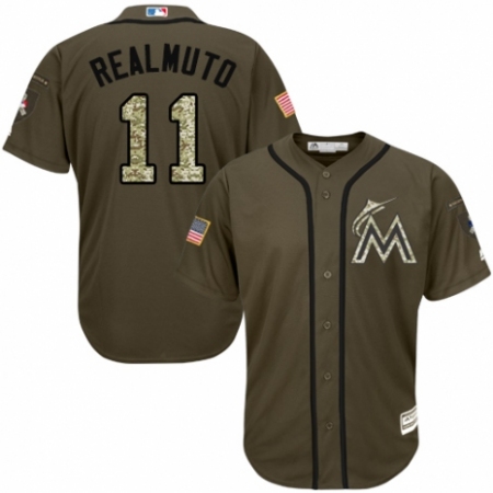 Youth Majestic Miami Marlins #11 J. T. Realmuto Authentic Green Salute to Service MLB Jersey