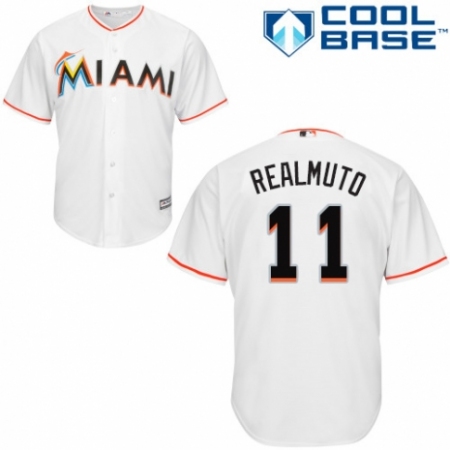 Youth Majestic Miami Marlins #11 J. T. Realmuto Authentic White Home Cool Base MLB Jersey