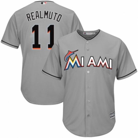 Youth Majestic Miami Marlins #11 J. T. Realmuto Replica Grey Road Cool Base MLB Jersey