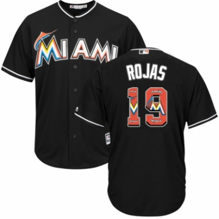 Men's Majestic Miami Marlins #19 Miguel Rojas Authentic Black Team Logo Fashion Cool Base MLB Jersey