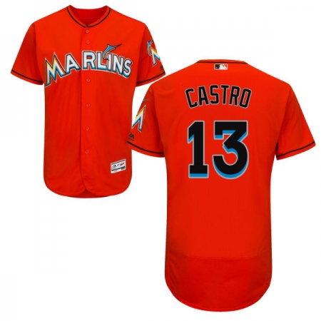 Men's Majestic Miami Marlins #13 Starlin Castro Orange Alternate Flex Base Authentic Collection MLB Jersey