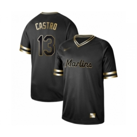 Men's Miami Marlins #13 Starlin Castro Authentic Black Gold Fashion Baseball Jersey