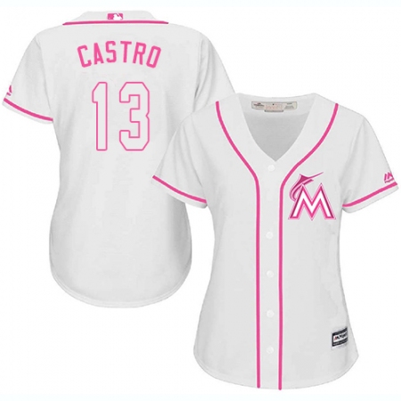 Women's Majestic Miami Marlins #13 Starlin Castro Authentic White Fashion Cool Base MLB Jersey