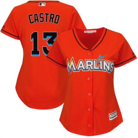 Women's Majestic Miami Marlins #13 Starlin Castro Replica Orange Alternate 1 Cool Base MLB Jersey